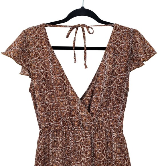 Y2K Boho Flutter Sleeve Faux Wrap Baby Doll Mini Dress Sz M Ruffle Hem Brown - Picture 5 of 13